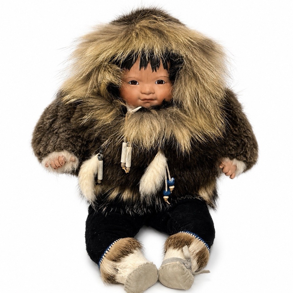 Vintage 1989 Signed Handmade Inuit Style Art Doll Fur Parka Beaded Accents